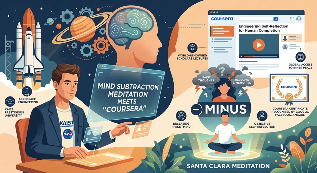 An online student learning about mind subtraction and Human Completion through a Coursera meditation class taught by a KAIST professor