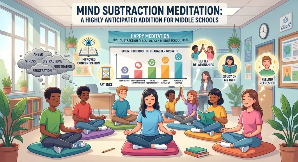 Middle school students practicing mind subtraction meditation during a free semester class to improve focus and character