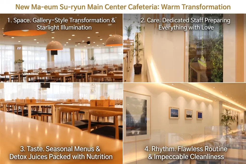 The newly remodeled, bright, and peaceful gallery-style cafeteria at the Ma-eum Su-ryun Main Center
