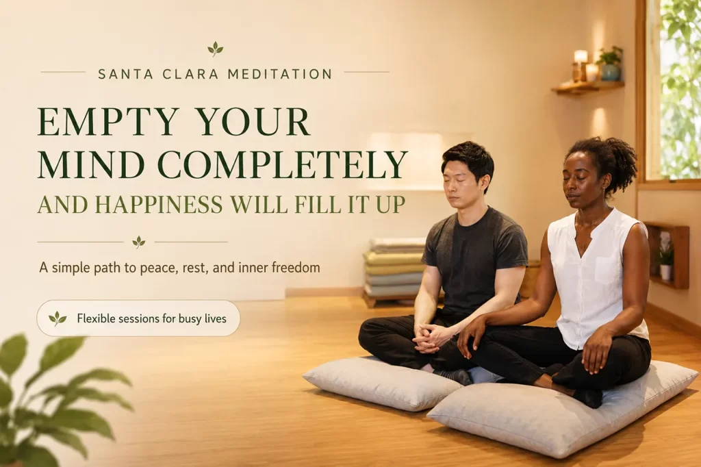 An individual sitting in a clean and comfortable meditation center practicing mind subtraction to find peace and happiness