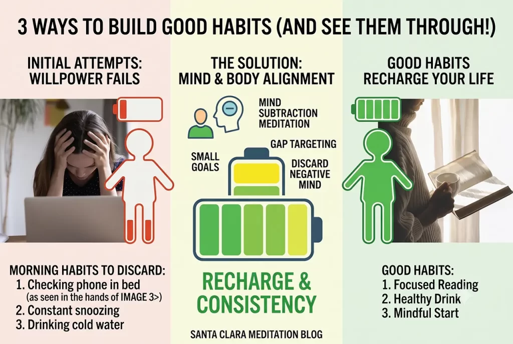 A person happily checking off a habit tracker, representing the successful building of good habits
