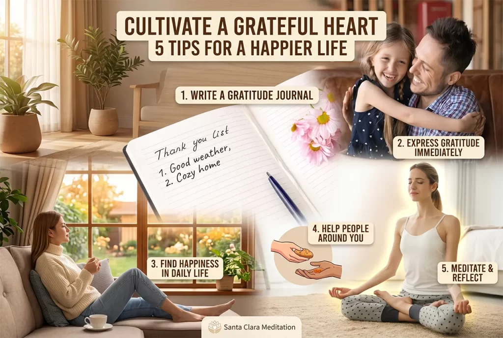 A peaceful person writing in a gratitude journal while enjoying a warm cup of coffee
