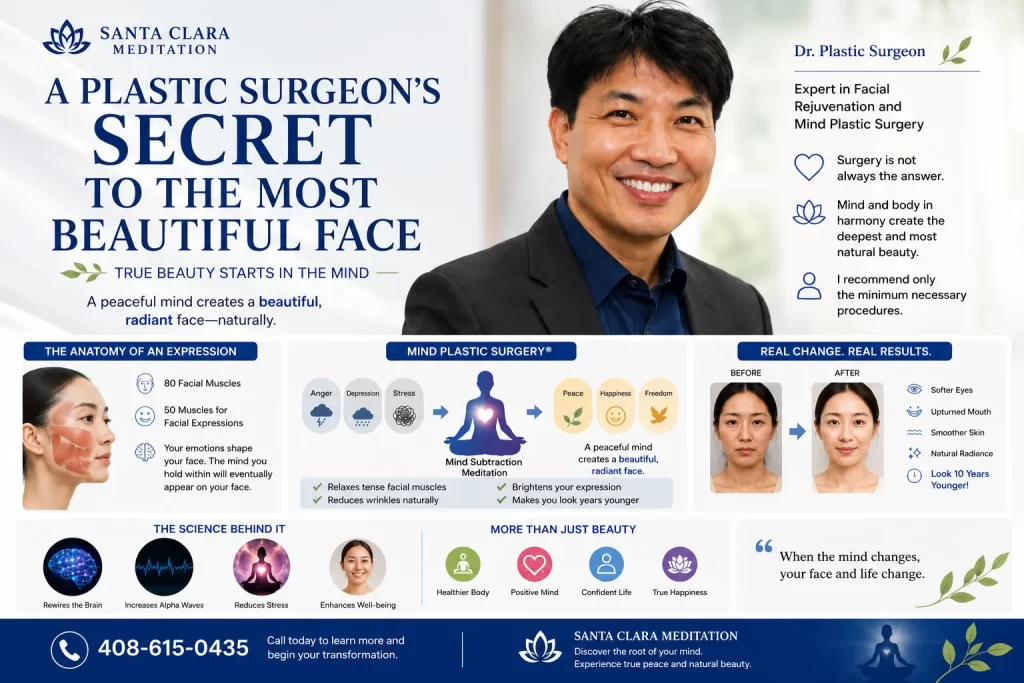 A radiant and peaceful face reflecting inner beauty achieved through mind subtraction meditation