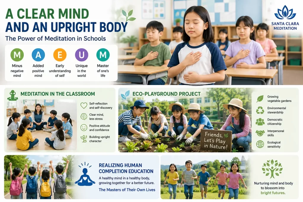 Elementary school children meditating and gardening as part of a holistic character education program