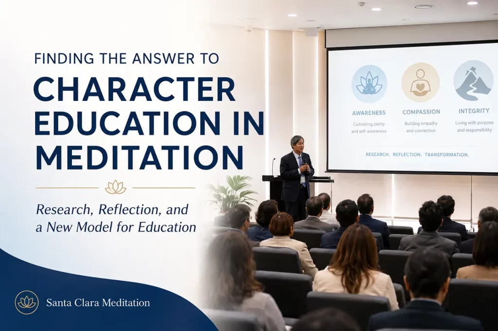 Educators and scholars at an academic conference discussing mind subtraction meditation for student character education