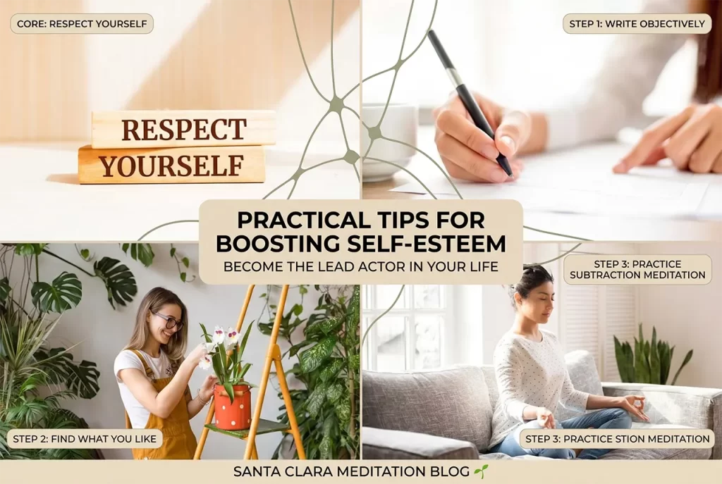 A peaceful person practicing subtraction meditation to clear negative thoughts and boost self-esteem