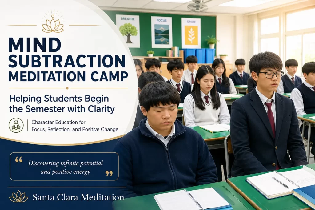 High school students participating in a mind subtraction meditation camp to improve character and organize complex thoughts