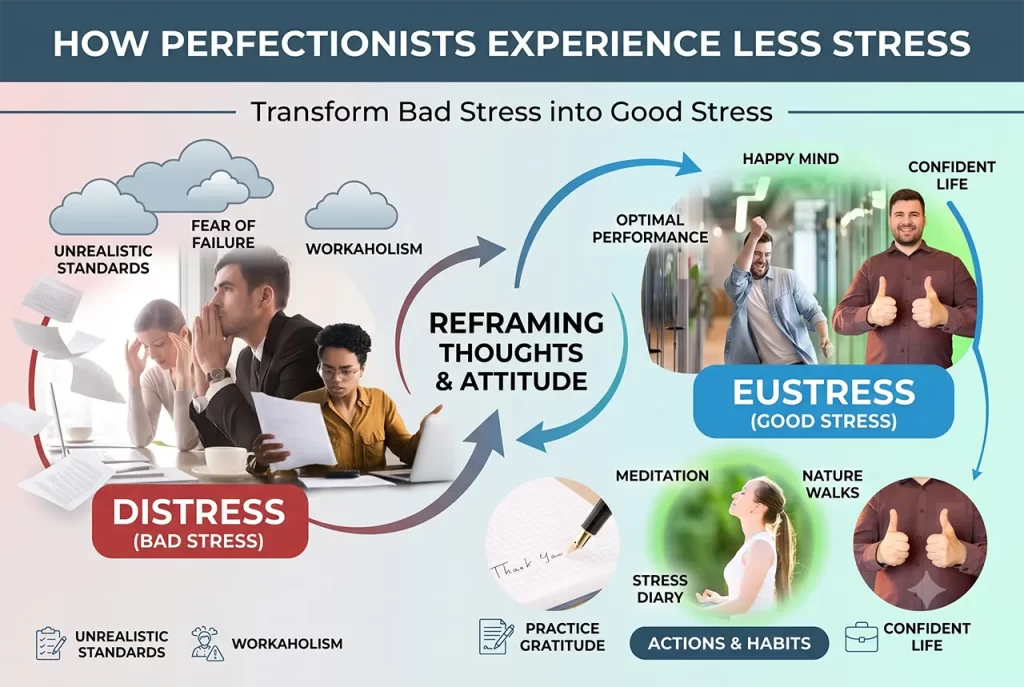 A calm person managing stress, representing a happy perfectionist finding peace of mind.