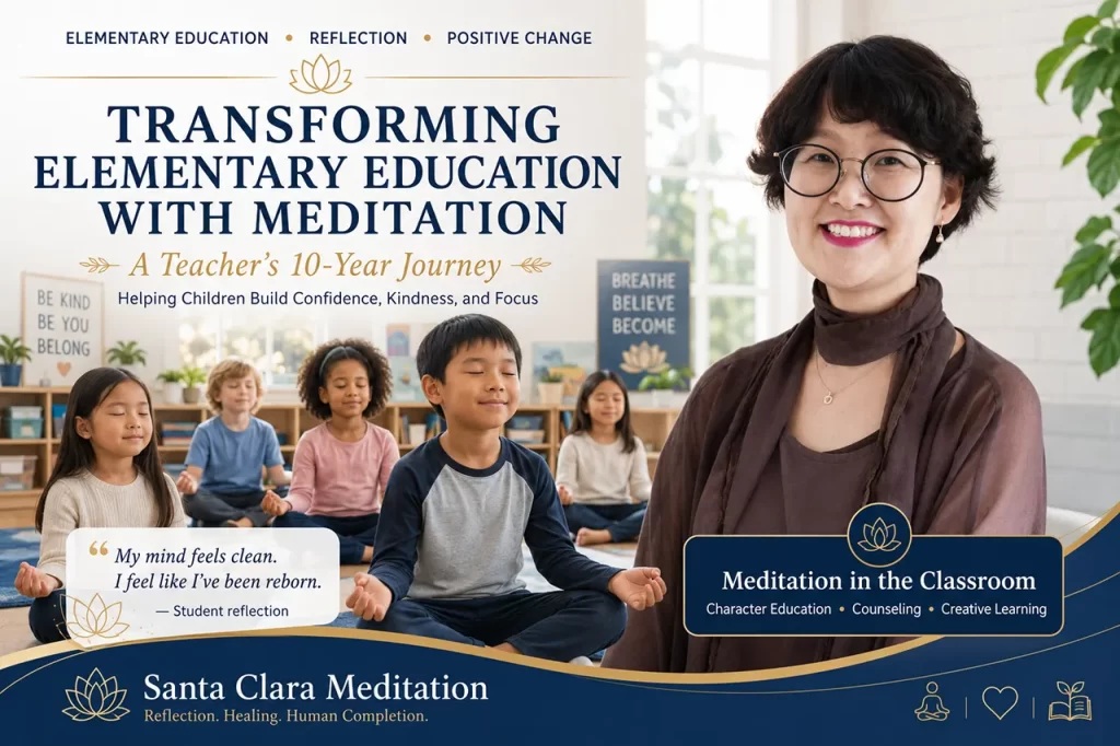 An elementary school teacher guiding young students through mind subtraction meditation to improve character and happiness