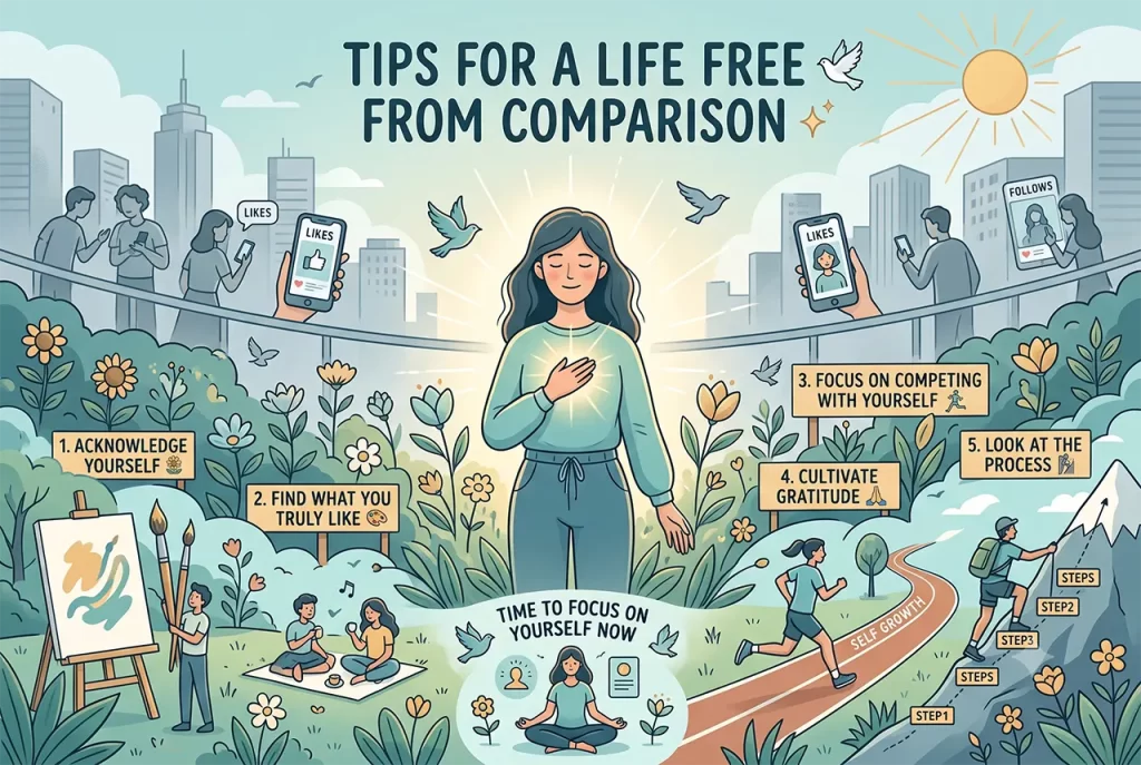 A happy person smiling and feeling confident, representing a life free from comparison and self-acceptance.