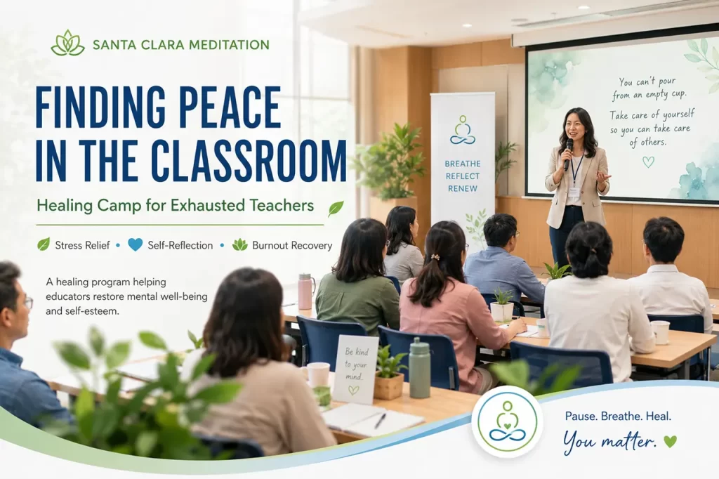 A group of exhausted teachers finding peace and stress relief through mind subtraction meditation at a healing camp