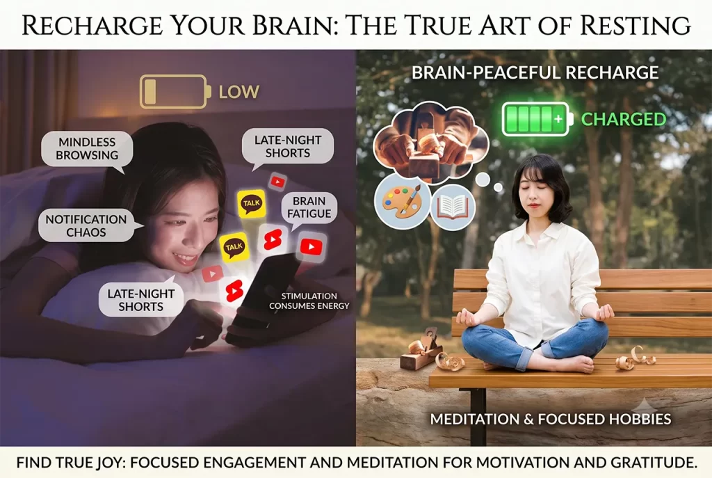 A person relaxing peacefully away from their phone, representing a brain in a state of true rest and mental clarity.