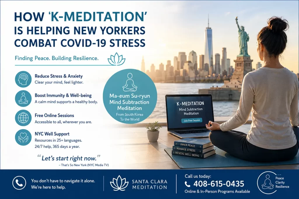 A person practicing online mind subtraction meditation at home to relieve stress and find mental peace