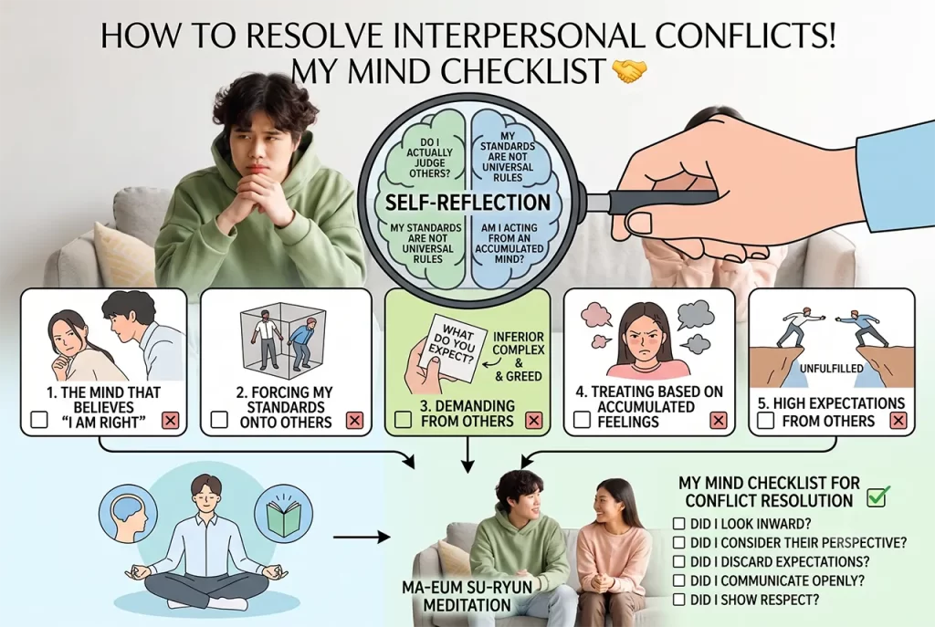 Two people peacefully resolving an interpersonal conflict through understanding and self-reflection.
