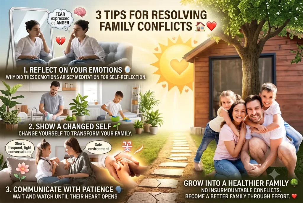 A happy family sitting together, representing the peaceful resolution of family conflicts and restored relationships.