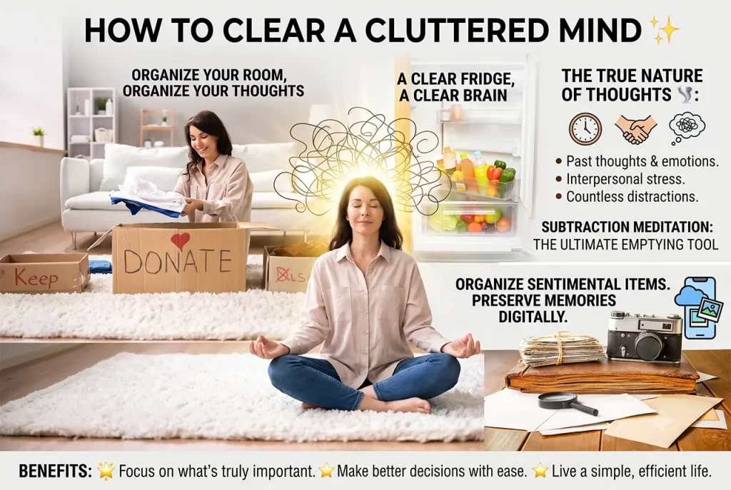 A person meditating in a clean, organized room, representing a clear and focused mind free from distracting thoughts.