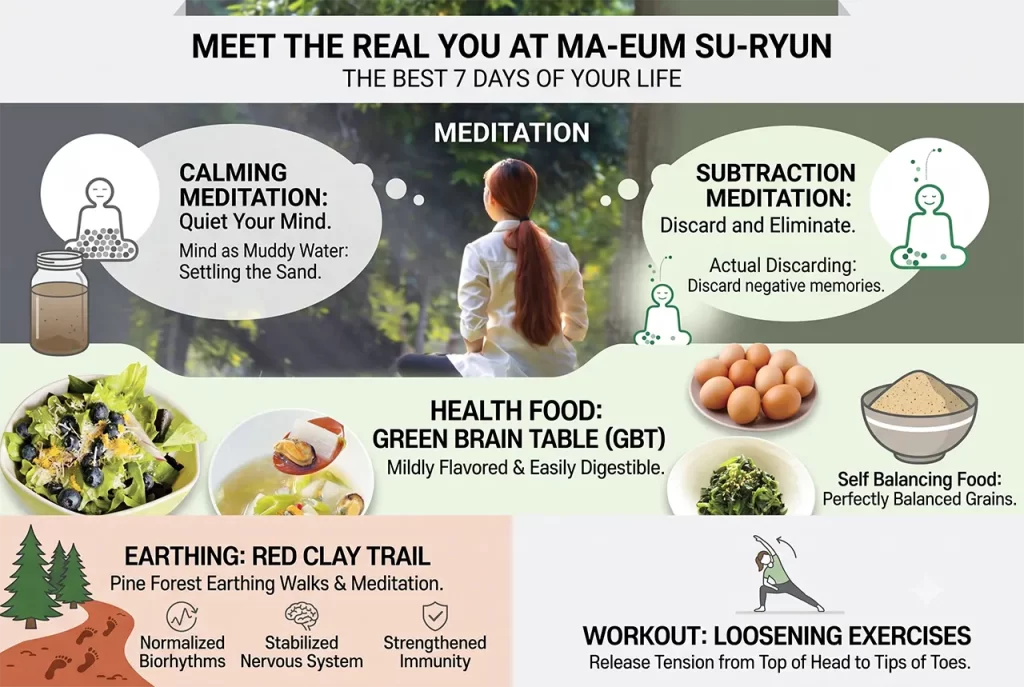 A peaceful view of the Ma-eum Su-ryun Main Center red clay earthing trail and meditation facilities in a pine forest.