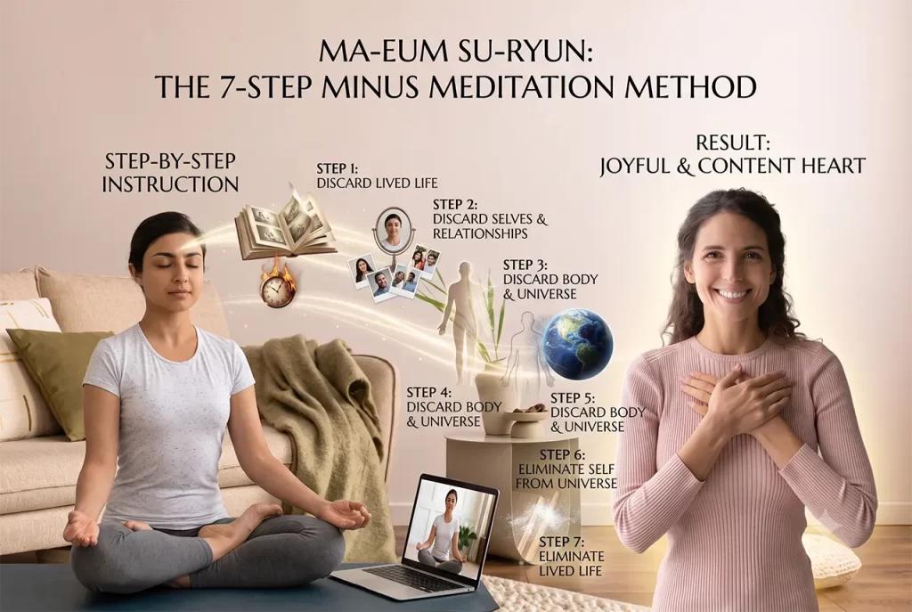 A person meditating peacefully in a comfortable space, representing the Ma-eum Su-ryun subtraction meditation method.