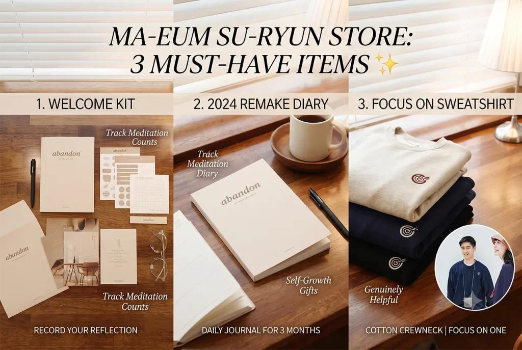 Ma-eum Su-ryun Store merchandise including a Welcome Kit, 2024 Remake Diary, and Focus On sweatshirt.