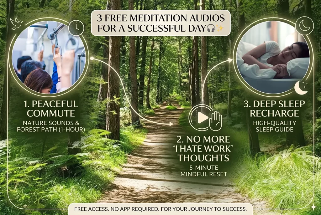 A person peacefully listening to free meditation contents on their morning commute.