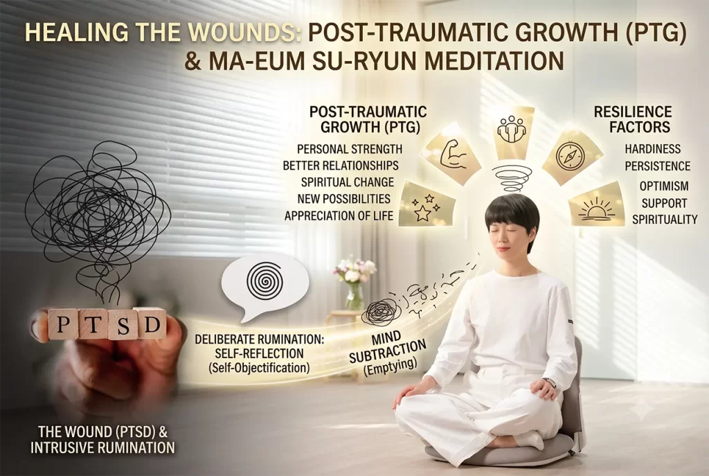 A person experiencing mental growth and peace through self-reflection and meditation, overcoming past trauma.