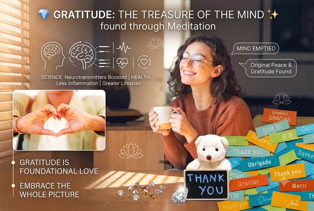 A peaceful person experiencing gratitude and happiness through Ma-eum Su-ryun meditation.