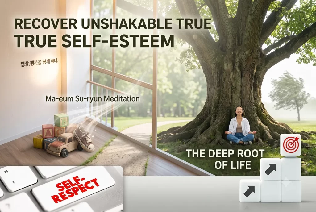 A large, strong tree with deep roots representing unshakable true self-esteem and mental resilience.