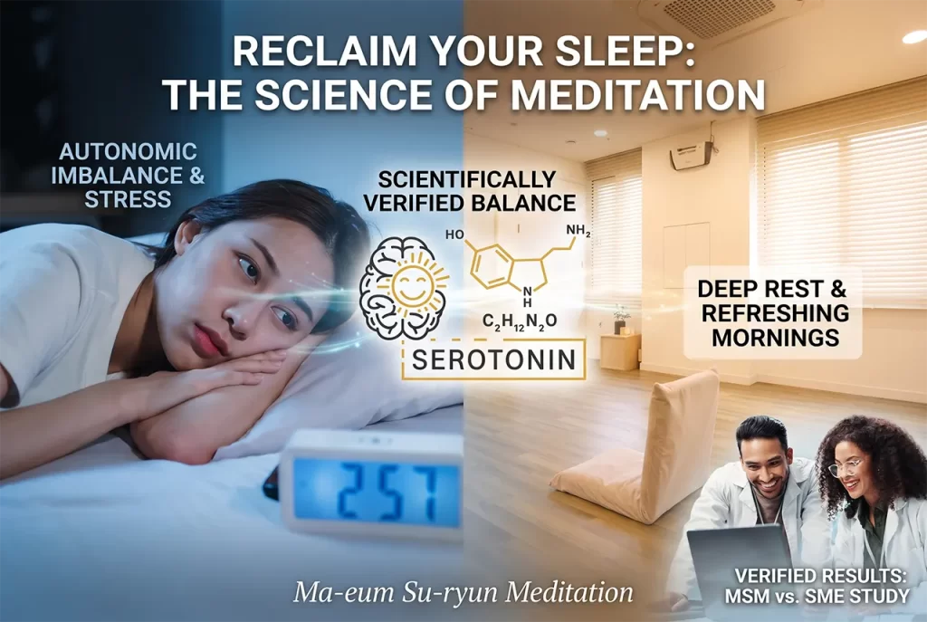A person waking up refreshed and happy after a deep sleep, thanks to Ma-eum Su-ryun meditation.
