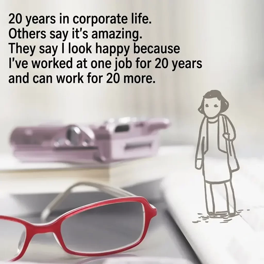An illustration of a woman standing near an office desk with red-rimmed glasses in the foreground, representing Ms. Yang So-young's 20-year corporate career. Text overlay reveals her hidden emptiness despite outward success, perfectly capturing the theme of when external success doesn't equal internal happiness.