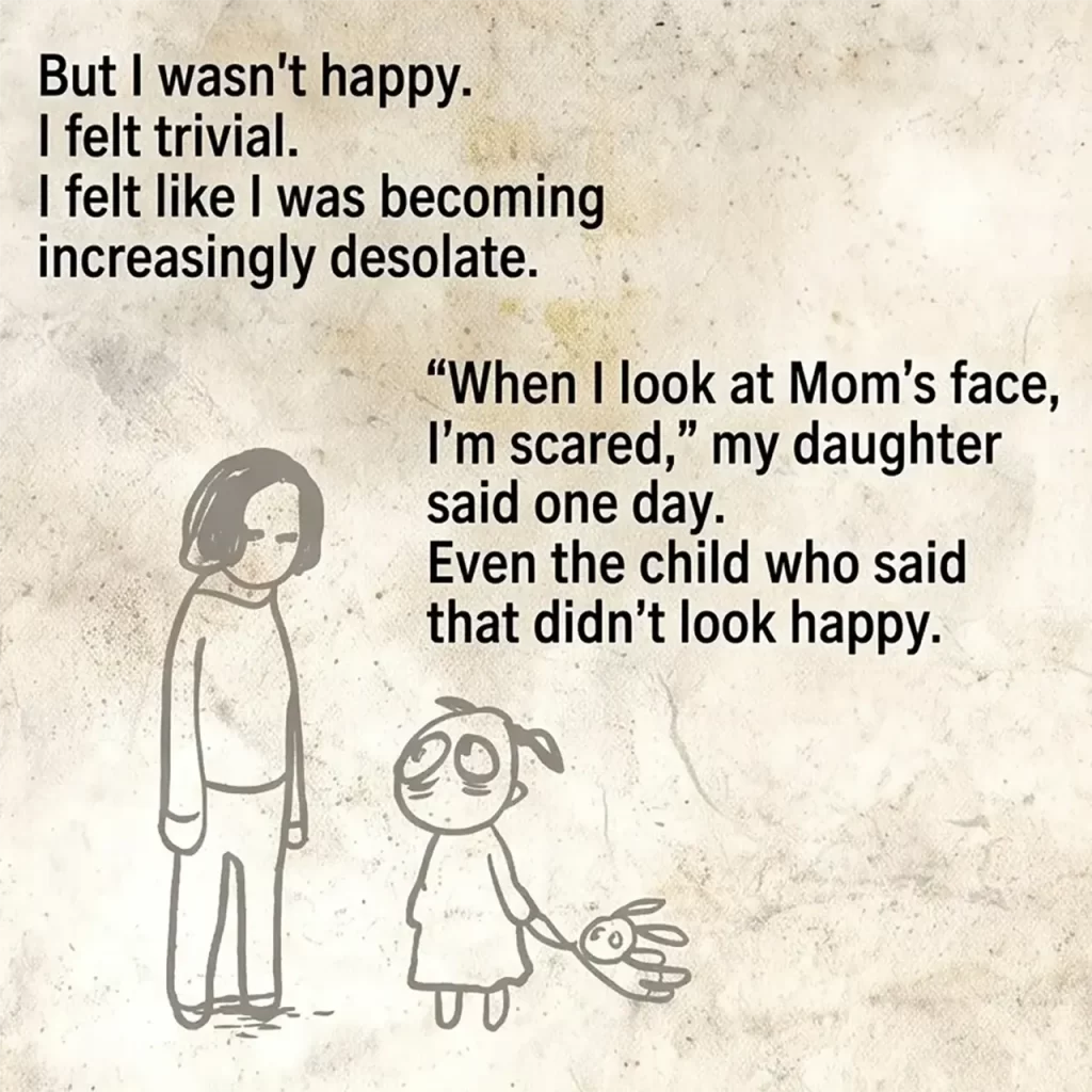 A poignant illustration on a vintage background showing a mother and her young daughter. The accompanying text describes Ms. Yang's realization of her deep unhappiness and how the heavy expectations weighed her down, serving as her catalyst for seeking change.