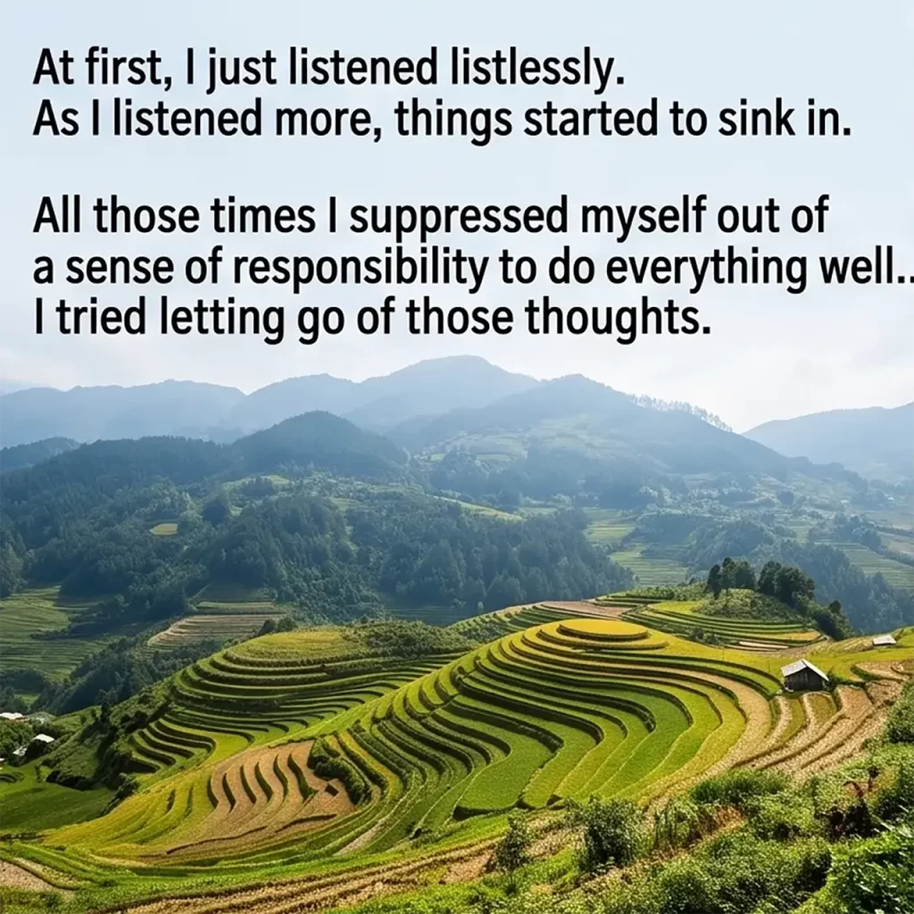 A serene photograph of a mountain landscape and open fields. The text highlights her experience during the retreat of finally letting go of the suffocating pressure to be perfect, reflecting the profound relief of the Mind Subtraction method.