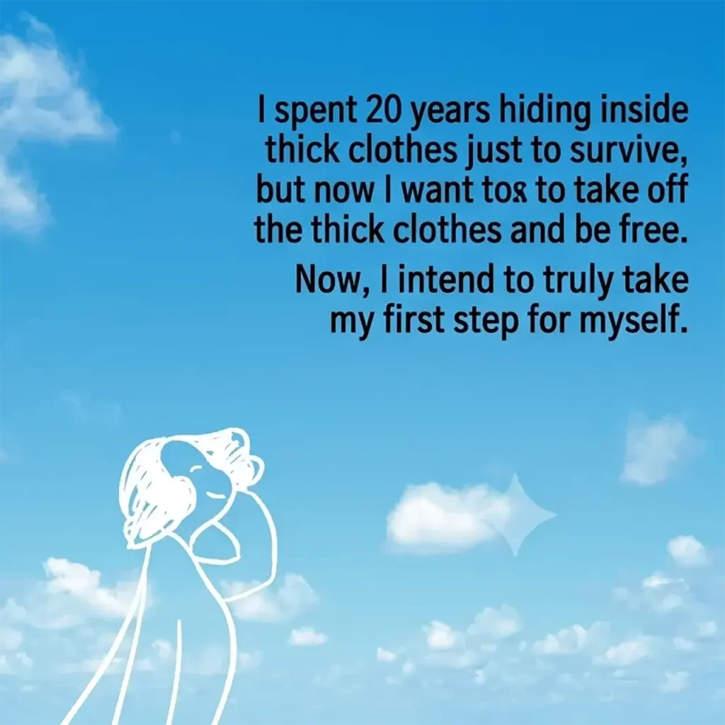 An illustration of a woman looking up at a clear blue sky with a smile. The text captures her final, empowering revelation from the weekend retreat: shedding the heavy burdens of her past and declaring, "Now, I am about to take the first step for myself."