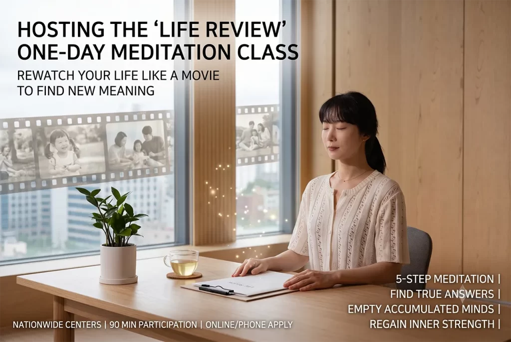 A person peacefully reflecting on their life like a movie during the Ma-eum Su-ryun Life Review meditation class.