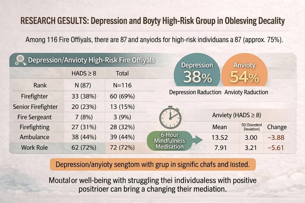 Infographic reporting that a 6-hour meditation program for high-risk firefighters resulted in significant reductions in depression (38%) and anxiety (54%) symptoms.