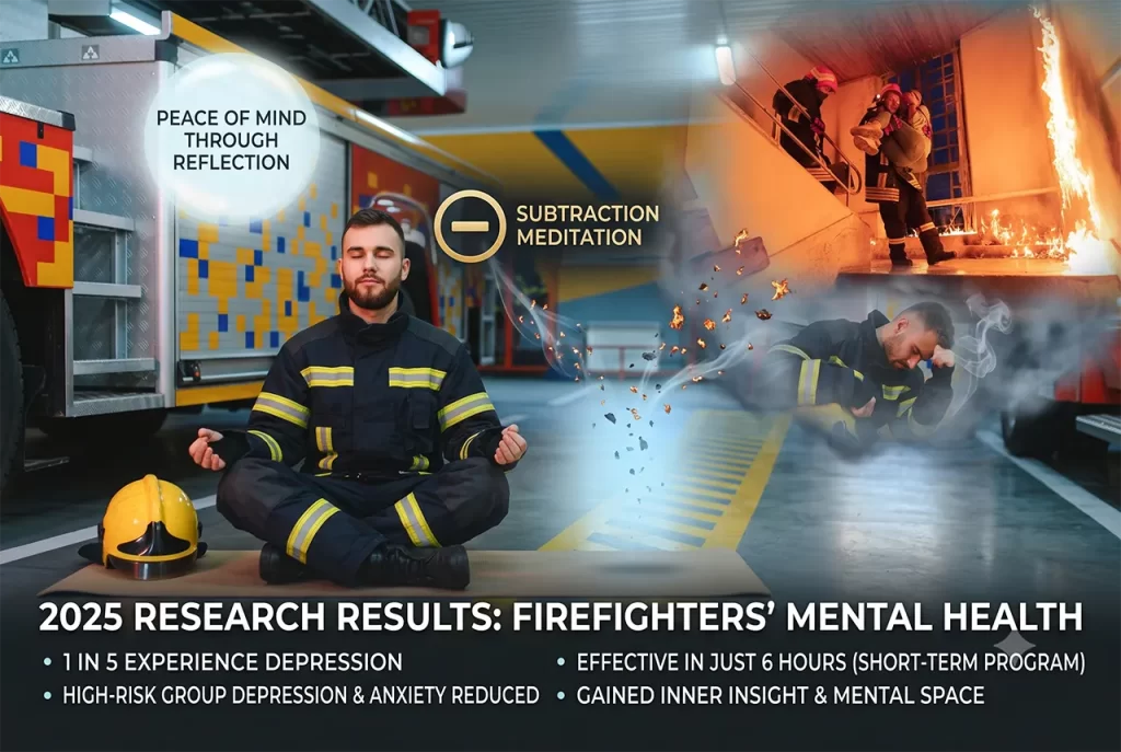 A firefighter looking peaceful and resilient after a mental health meditation session.