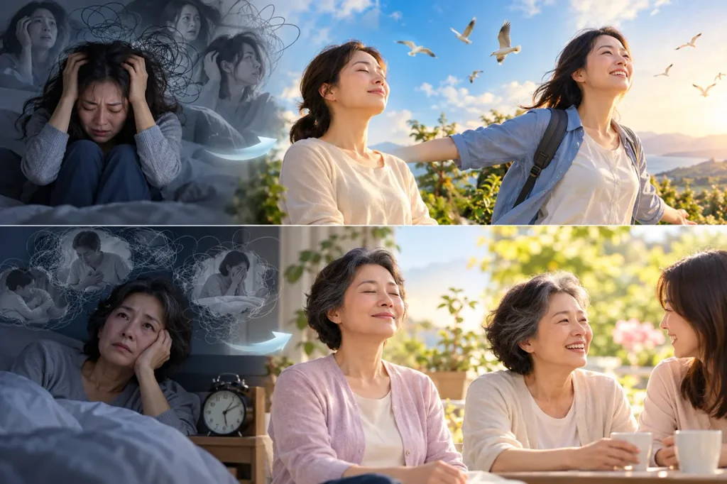 A person experiencing profound relief and overcoming panic disorder and insomnia through mind subtraction at Santa Clara Meditation
