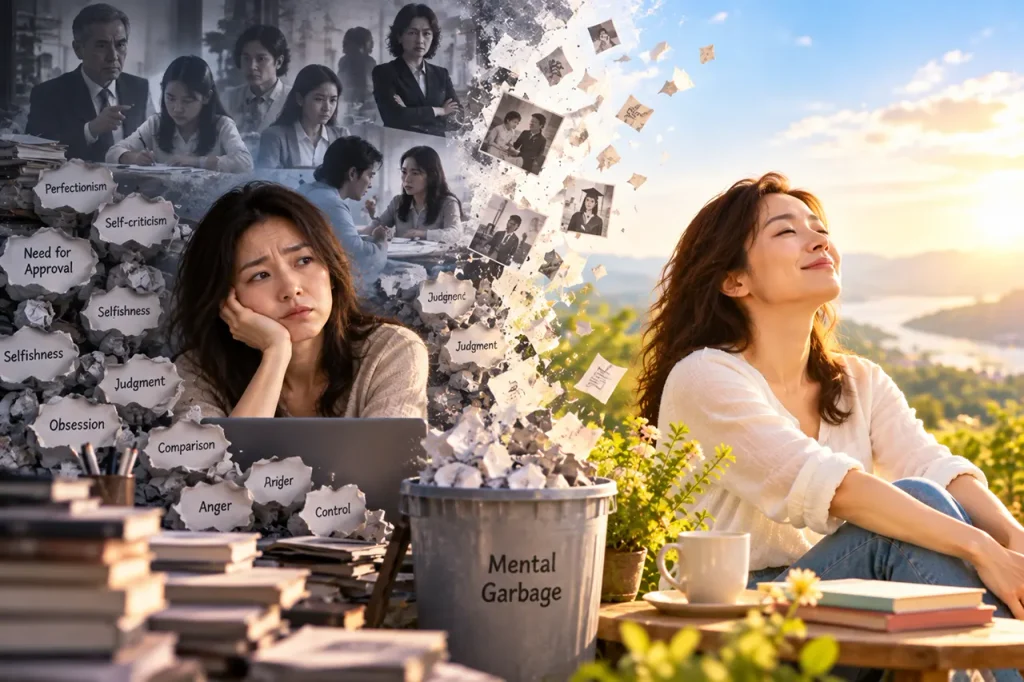 A person finding true freedom by cleaning up mental garbage and letting go of obsession at Santa Clara Meditation